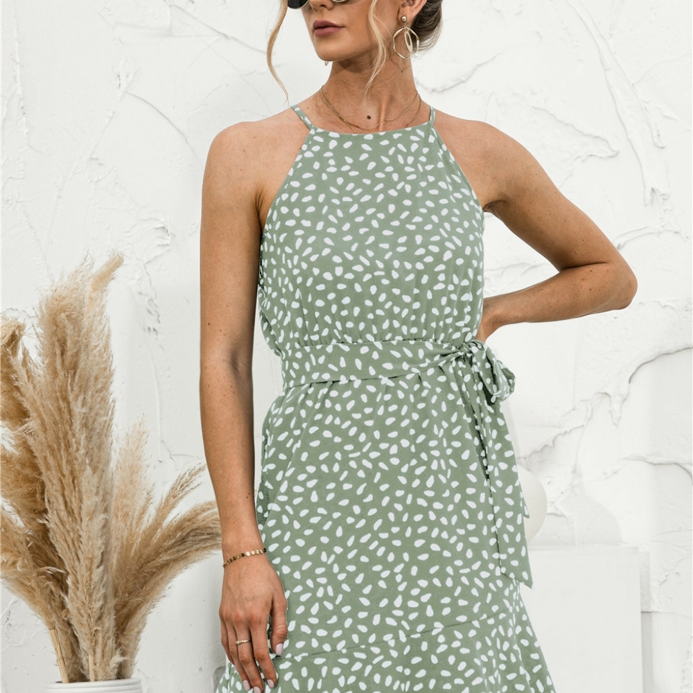 Polka Dot Halter Ruffle Hem Dress